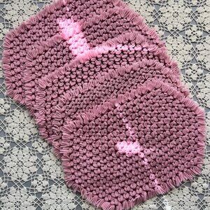 Handmade Vintage Crochet / Knit Placemats Pink with Fringe Set of 5